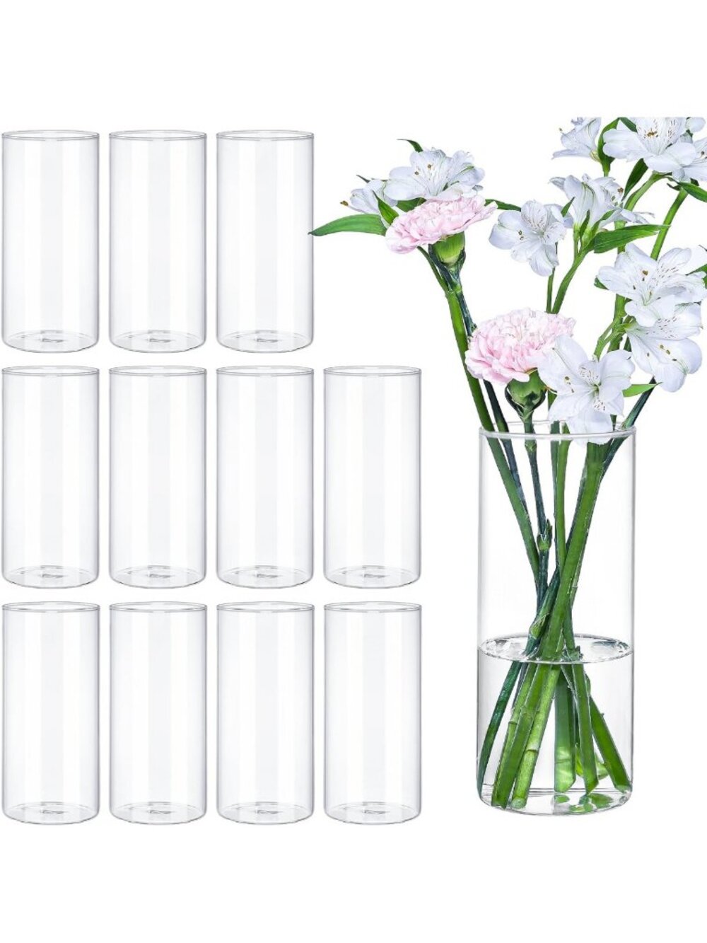 Set of 12 Clear Glass Cylinder Vases - 8 Inch Centerpiece Decor for Events
